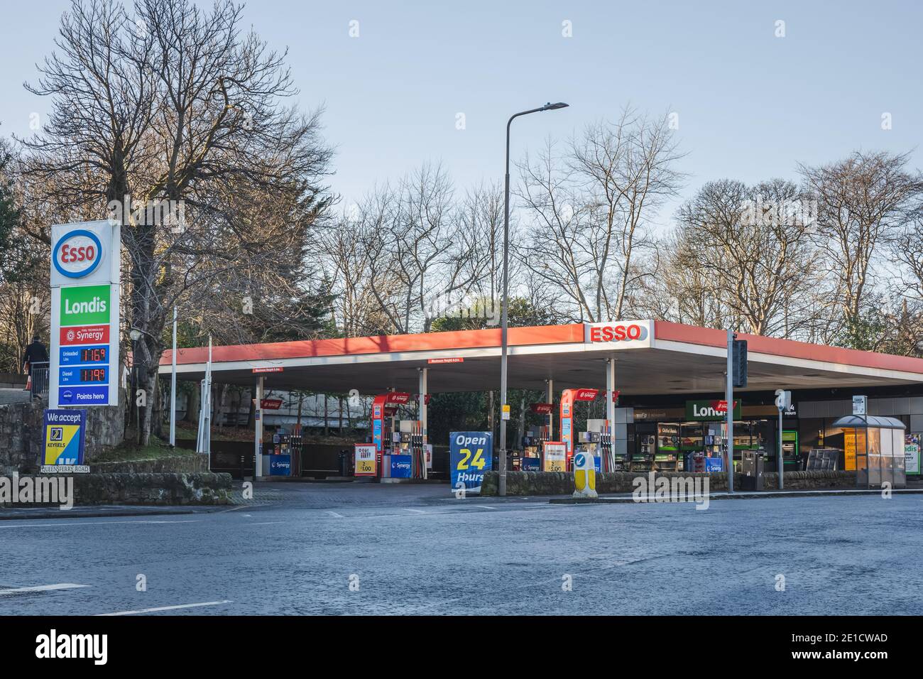 Edinburgh, Scotland - January 6 2021: Esso MFG Windmill petrol station located on Queensferry Road near Craigleith in Edinburgh. Stock Photo