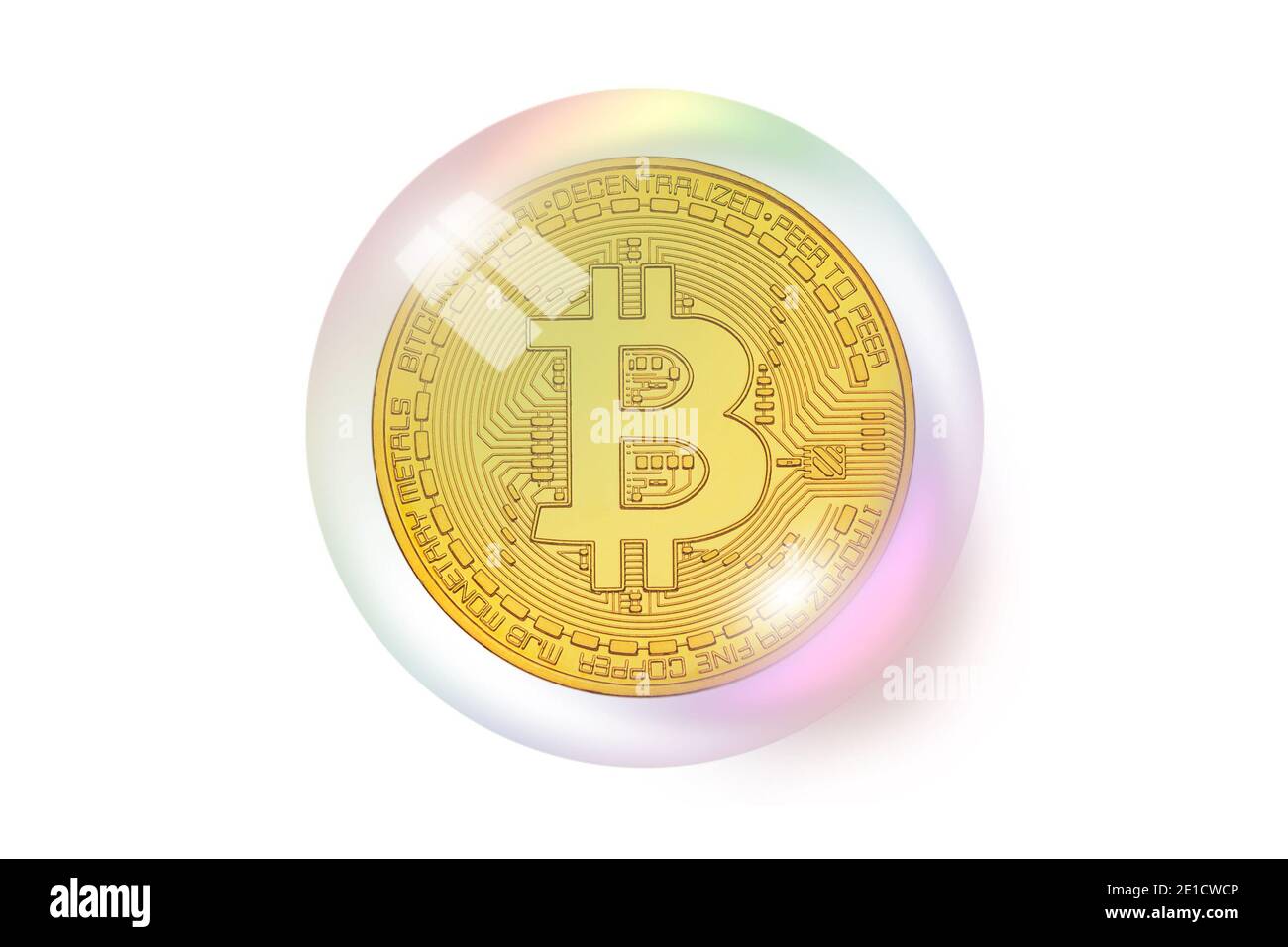 Concept of Bitcoin bubble and speculation. Isolated on white background. Crypto asset for the futuristic virtual gold. Bearish Bitcoin currency value Stock Photo
