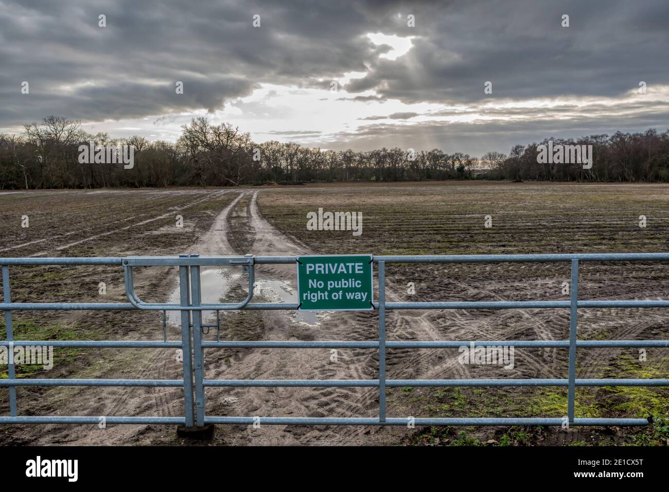 Private No Public Right of Way sign on gate to Norfolk farmland. Stock Photo
