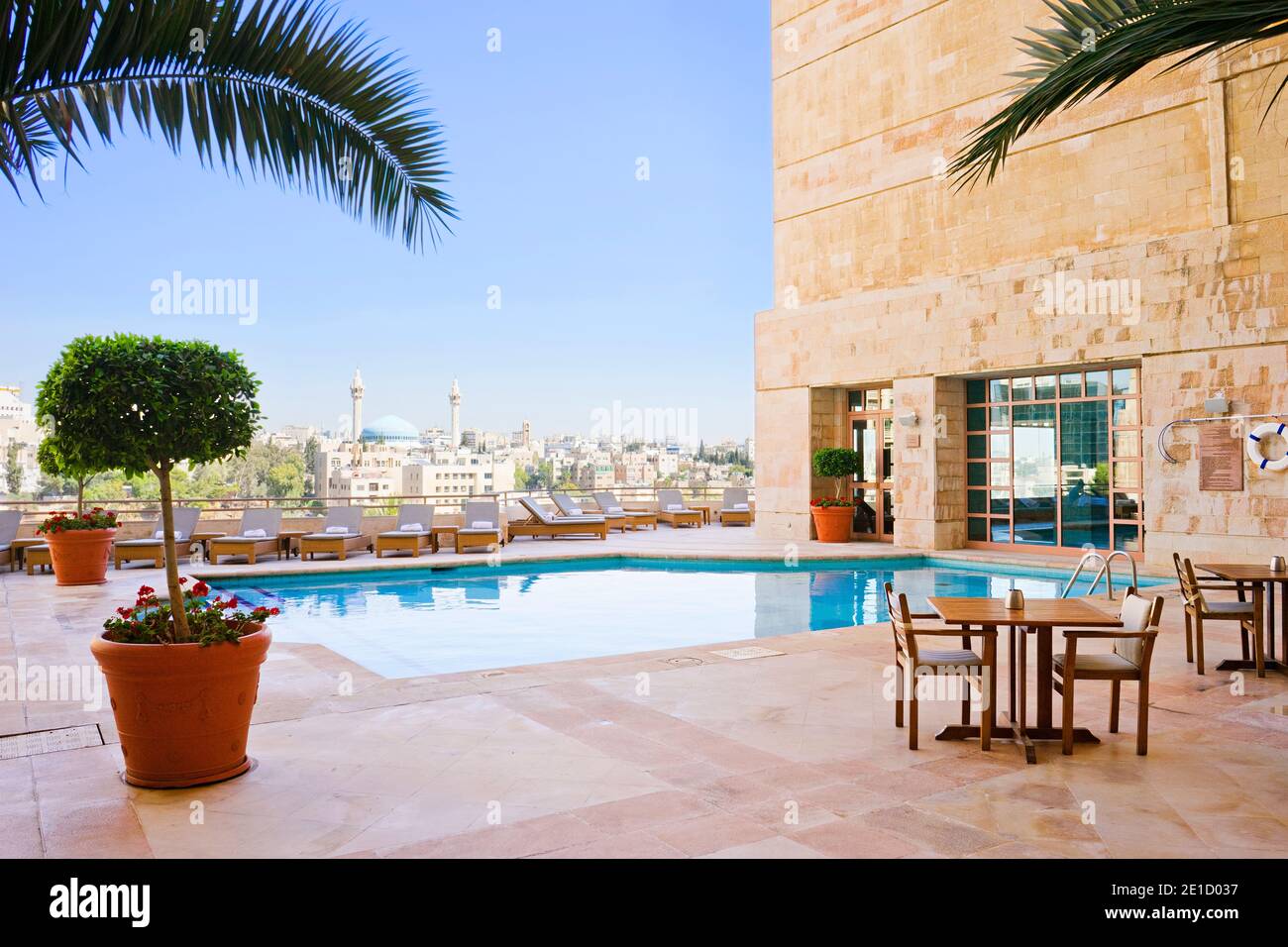 Poolside view at the rooftop pool deck at the Grand Hyatt Amman, Jordan