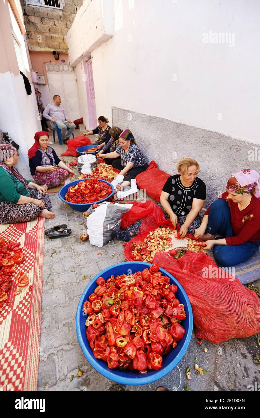 Traditional pepper drying in street, Gaziantep, Anatolia, Turkey Stock Photo