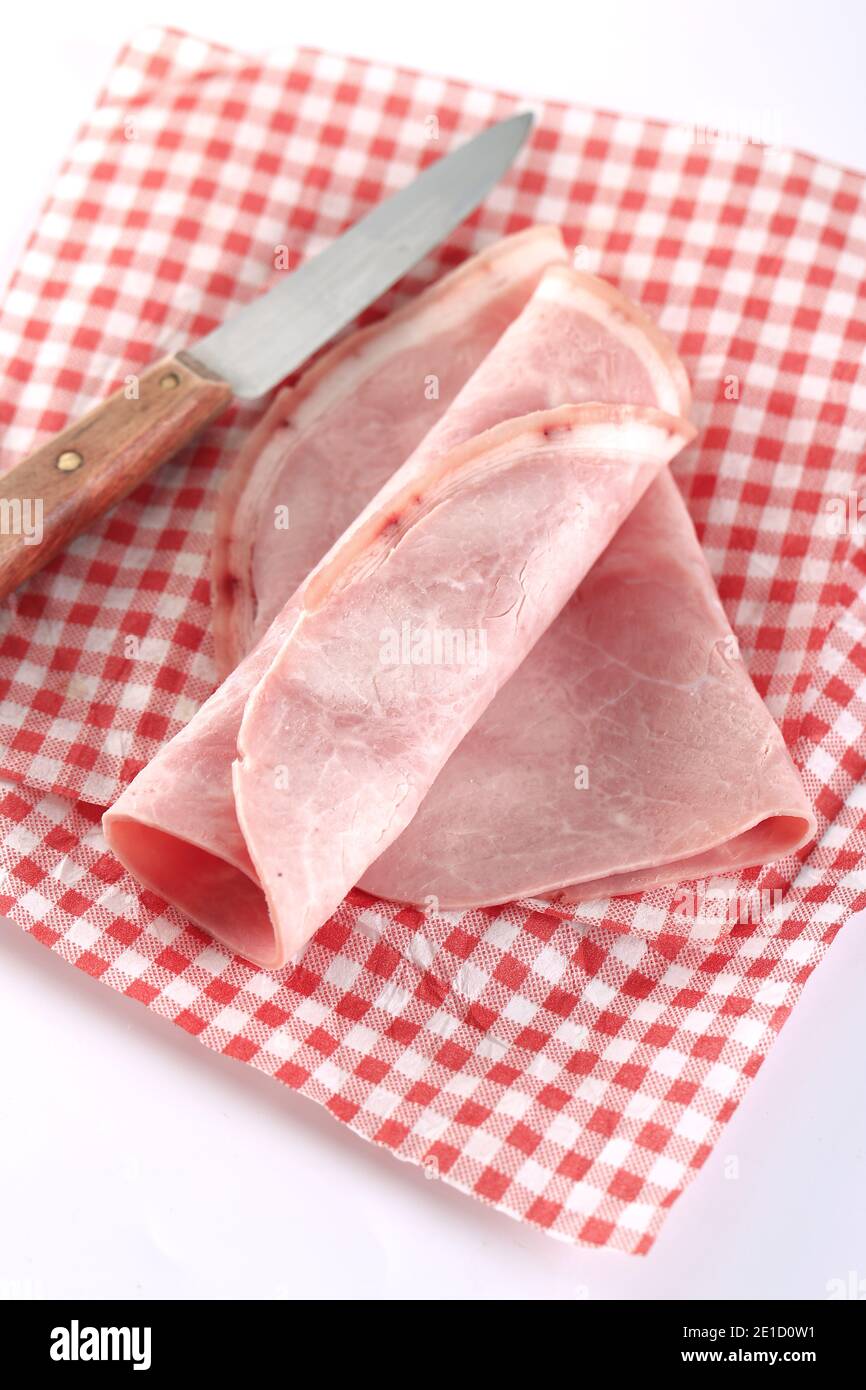 slice of ham on white background, pork, fresh meat Stock Photo