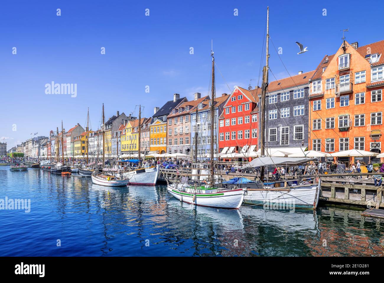panoramic view at nyhavn on a sunny day, Copenhagen Stock Photo