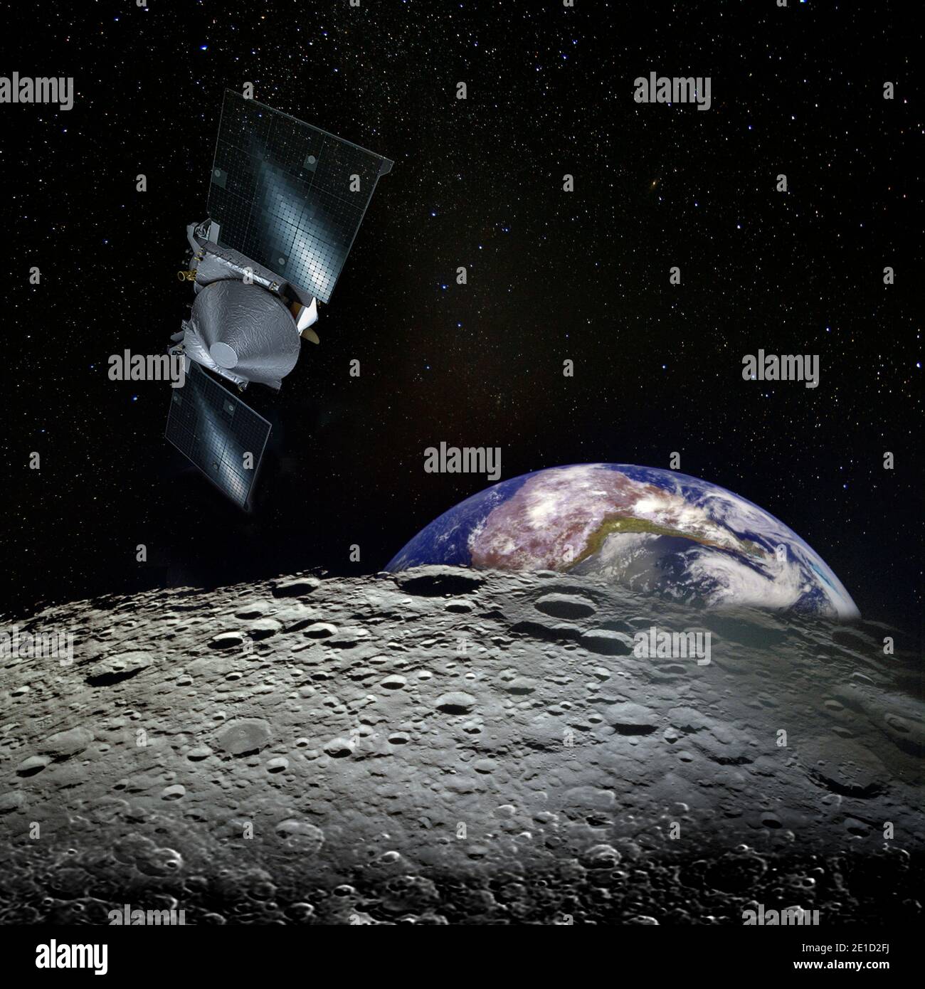 Earth rises above lunar horizon and spaceship. Elements of this image furnished by NASA. Stock Photo