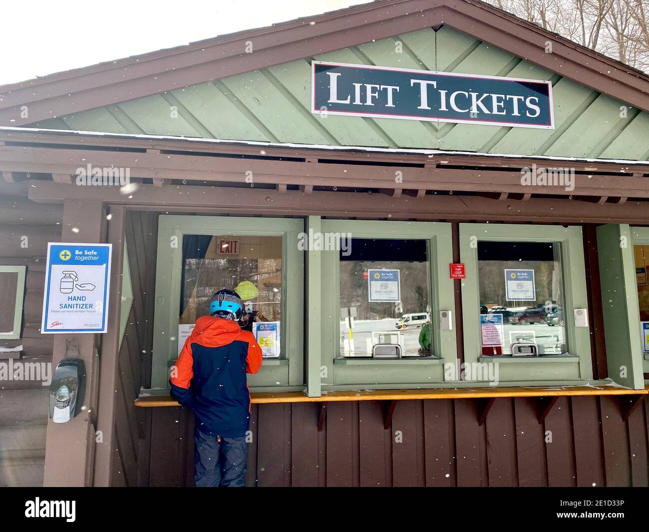 Lift tickets booth windows at Stowe Mountain resort Stock Photo - Alamy