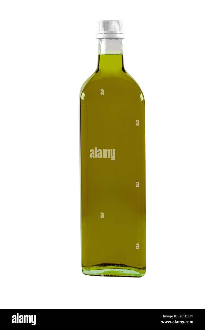 Top view of glass bottle with olive oil and olives isolated on white. Stock Photo