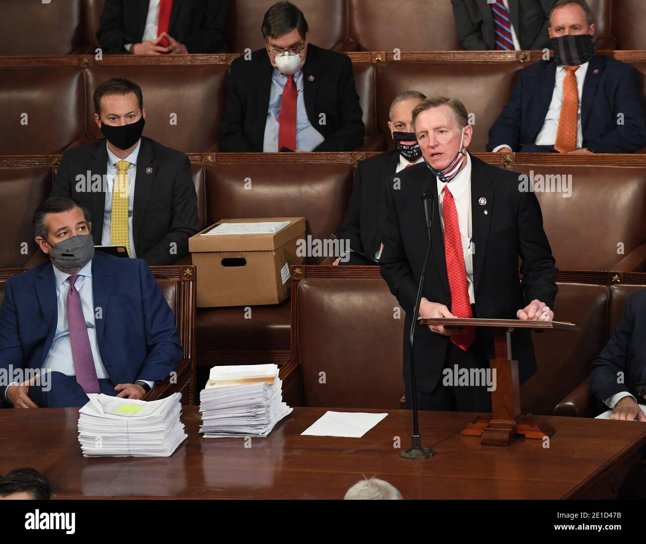 Washington, United States. 06th Jan, 2021. Rep. Paul Gosar, R-AZ, (R) and Sen. Ted Cruz, R-TX, (L) object too certification of Arizona's Electoral College votes during a joint session of Congtess the U.S. Capitol in Washington, DC on Wednesday, January 6, 2021. Congress split into two sessions to debate the issue. Photo by Pat Benic/UPI Credit: UPI/Alamy Live News Stock Photo