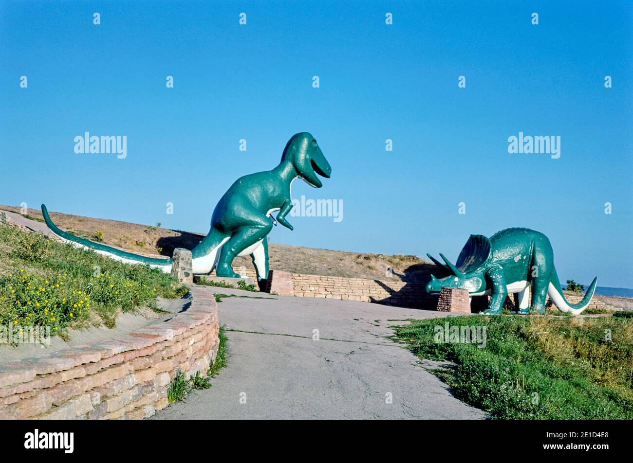 Tyrannosaurus and Triceratops, Dinosaur Park, Rapid City, South Dakota, USA, John Margolies Roadside America Photograph Archive, 1987 Stock Photo