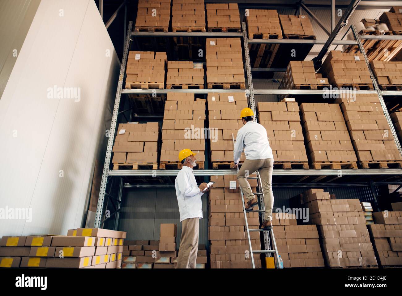 Senior worker using tablet and watching younger worker on ladders. Storage interior. Stock Photo