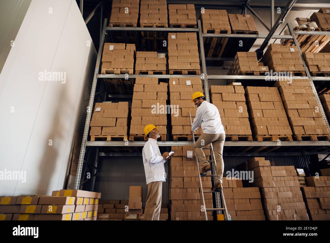 Senior worker using tablet and watching younger worker on ladders. Storage interior. Stock Photo