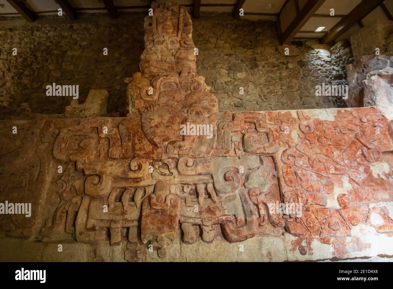 Closeup view of an ancient Mayan frieze in the ruins of Balamku, Mexico inside the pyramids