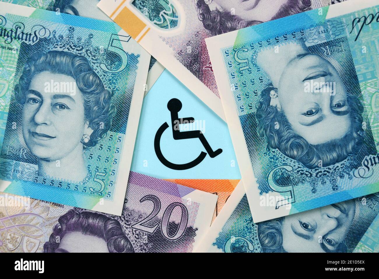 DISABLED LOGO WITH BRITISH CURRENCY RE DISABILITY BENEFITS INCOME INEQUALITY DISCRIMINATION ETC UK Stock Photo