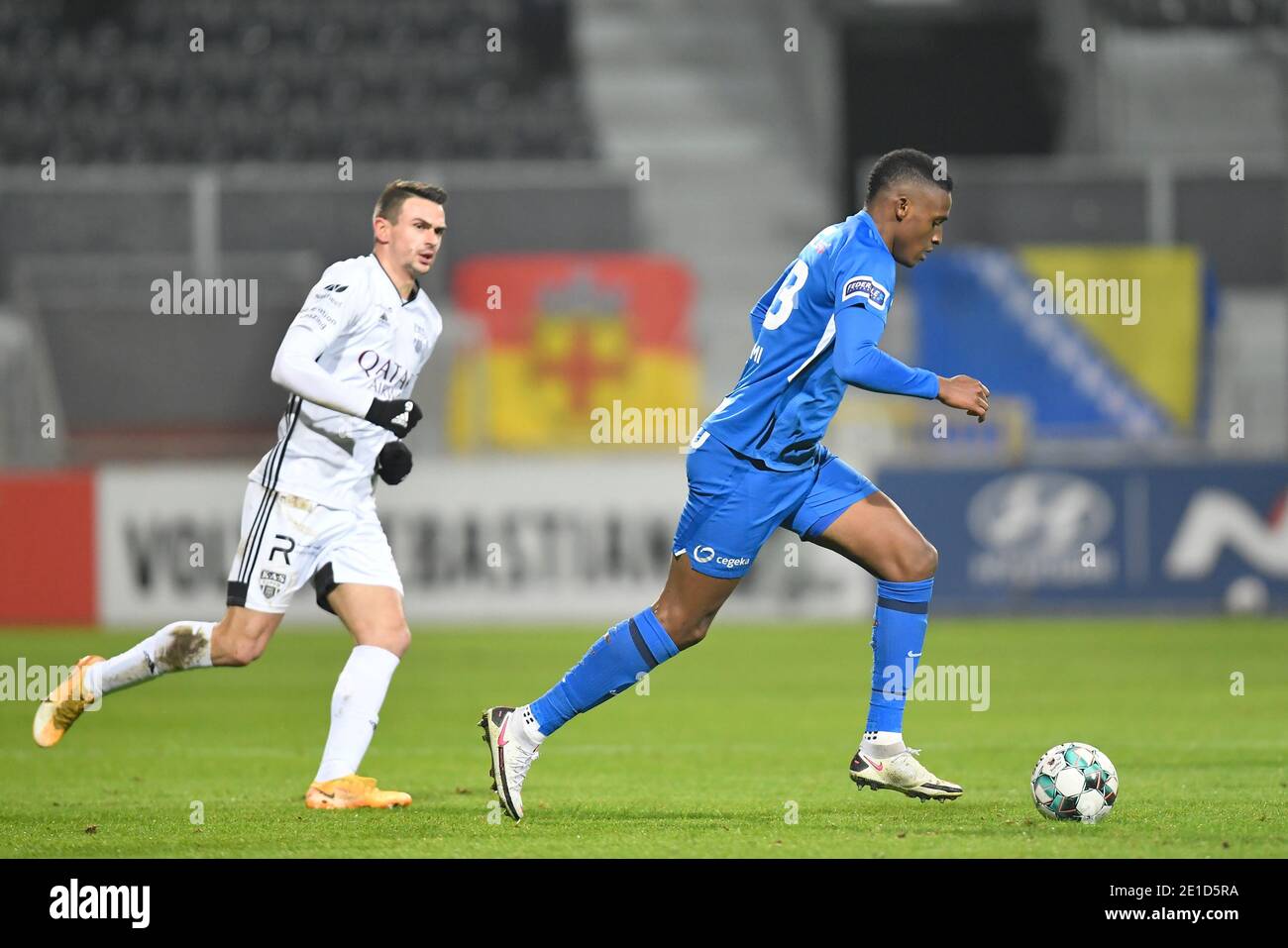 Genk's Jhon Lucumi Bonilla fights for the ball during a soccer match between KAS Eupen and KRC Genk, Wednesday 06 January 2021 in Eupen, a postponed g Stock Photo