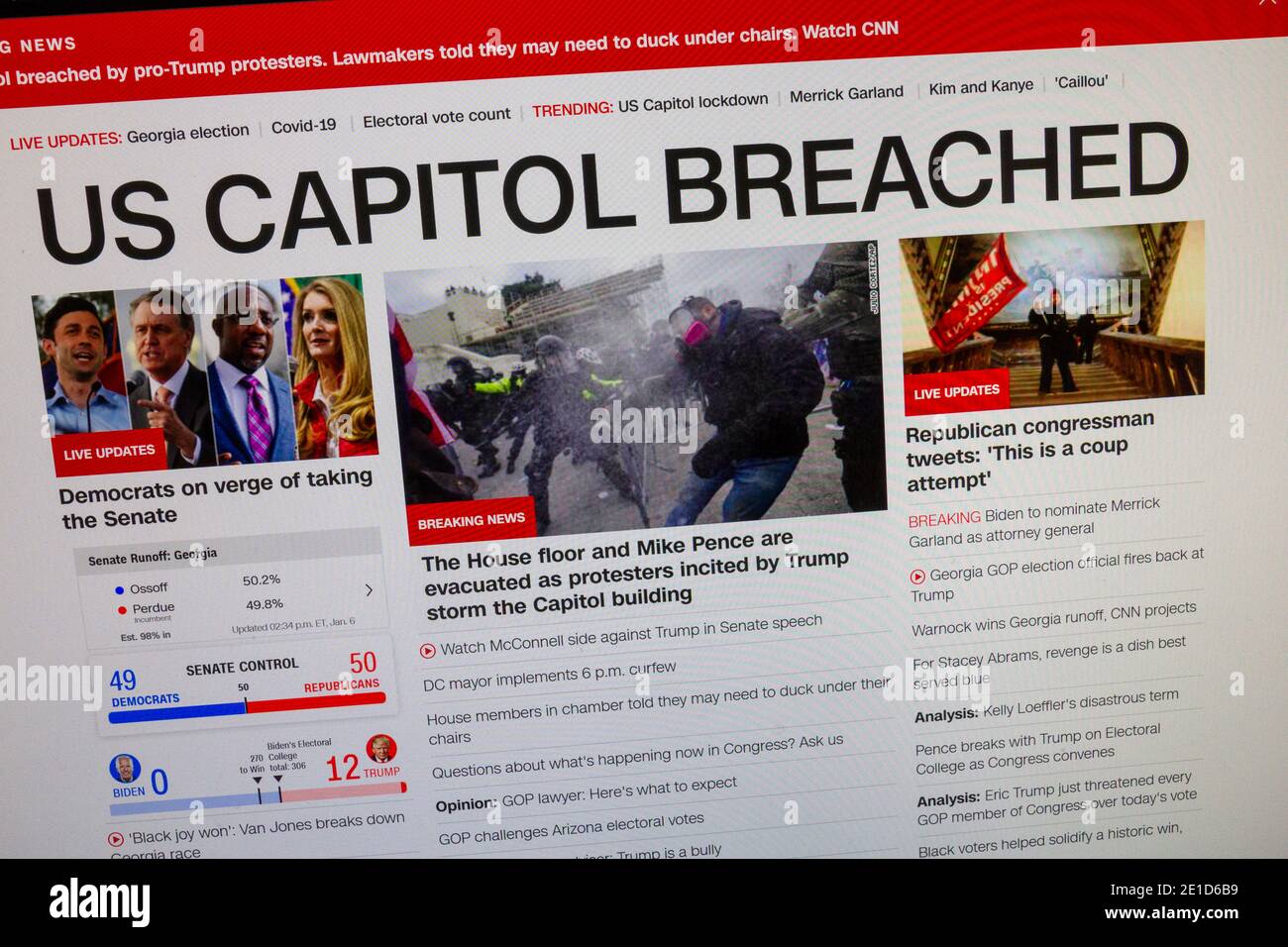 'US Capitol Breached': Screenshot of CNN website as Trump protestors invade the US Capitol, 6th January 2021. Stock Photo