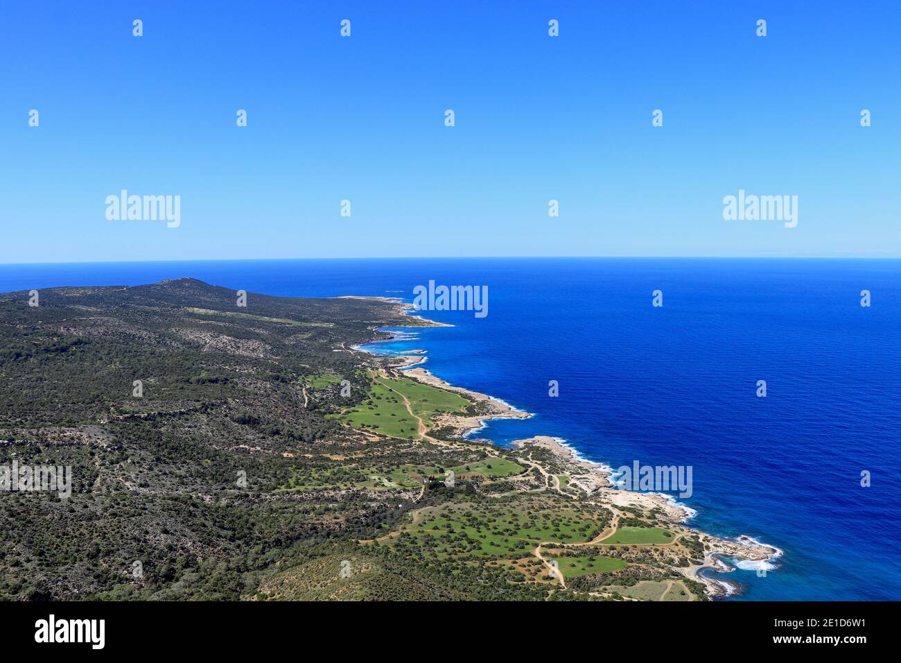 View on part of Cypriot island in South europe, Specifically on Akamas peninsula national park with lagoons and beautiful clear sand beach and dark se Stock Photo