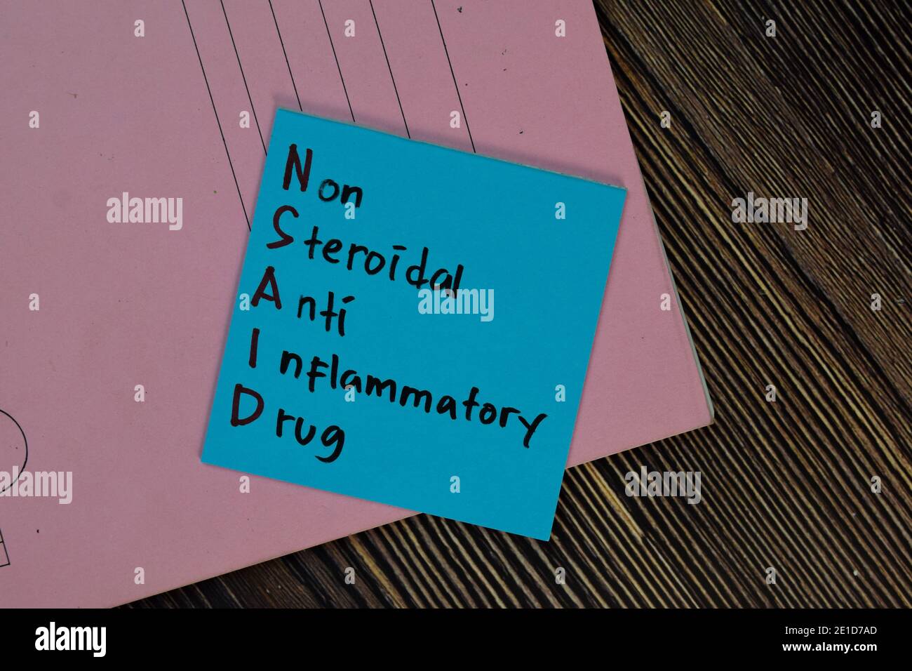 NSAID - Non Steroidal Anti Inflammatory Drug write on sticky notes isolated on Wooden Table. Stock Photo