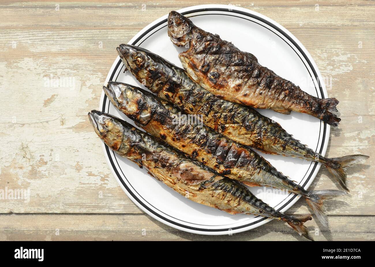 Grilled Mackerel fish on a white plate. Fatty, oily fish is an