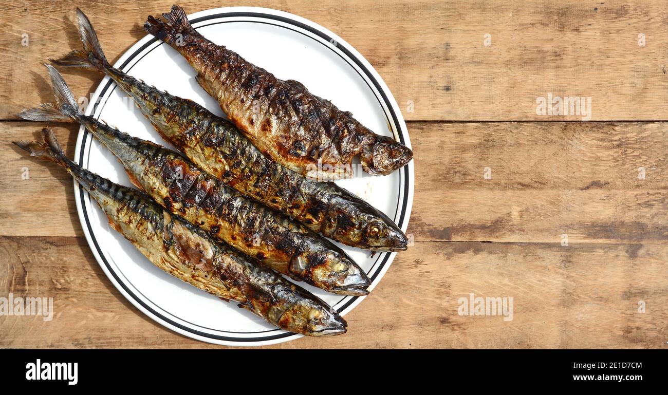 Grilled Mackerel fish on a white plate. Fatty, oily fish is an