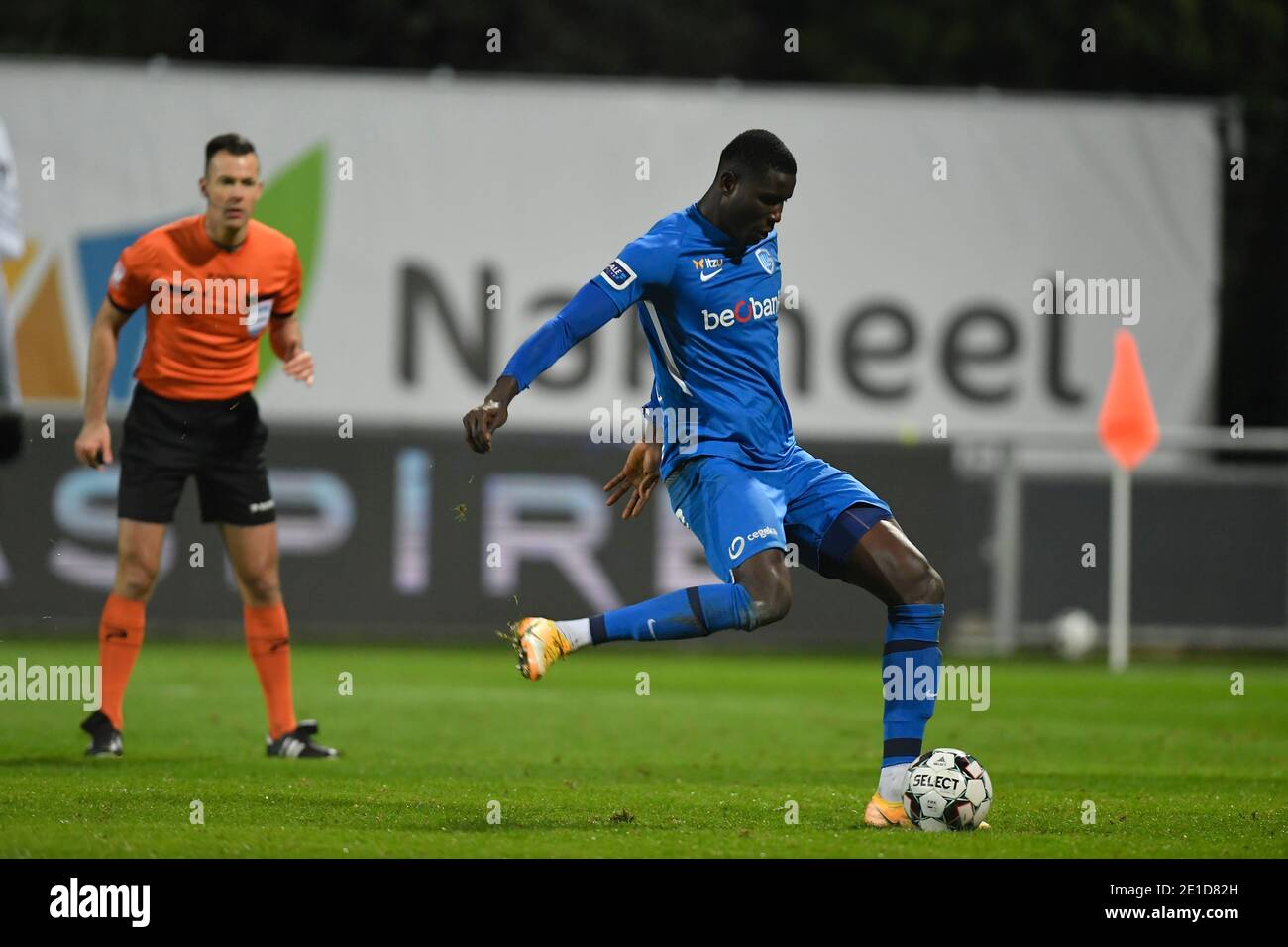 Genk's Paul Onuachu shoots a penalty during a soccer match between KAS Eupen and KRC Genk, Wednesday 06 January 2021 in Eupen, a postponed game of day Stock Photo