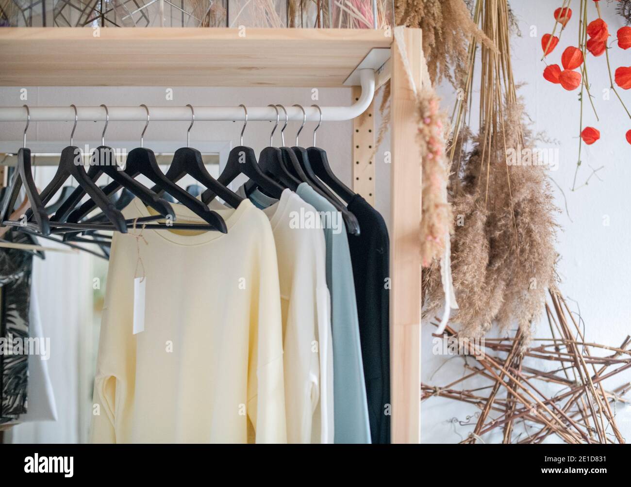 Fashionable and trendy clothes for women hang on hangers in a cozy home ...