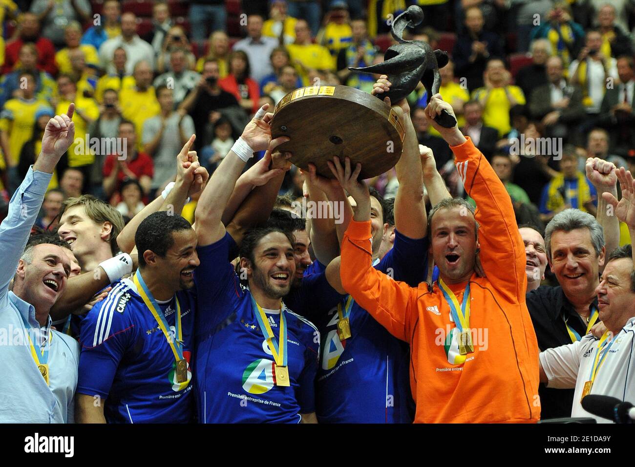 The team of France celebrate there gold medal with their trophy after the  Men's Handball World Championship final match between France and Danmark at  Malmo Arena in Malmo, Sweden on January 30,