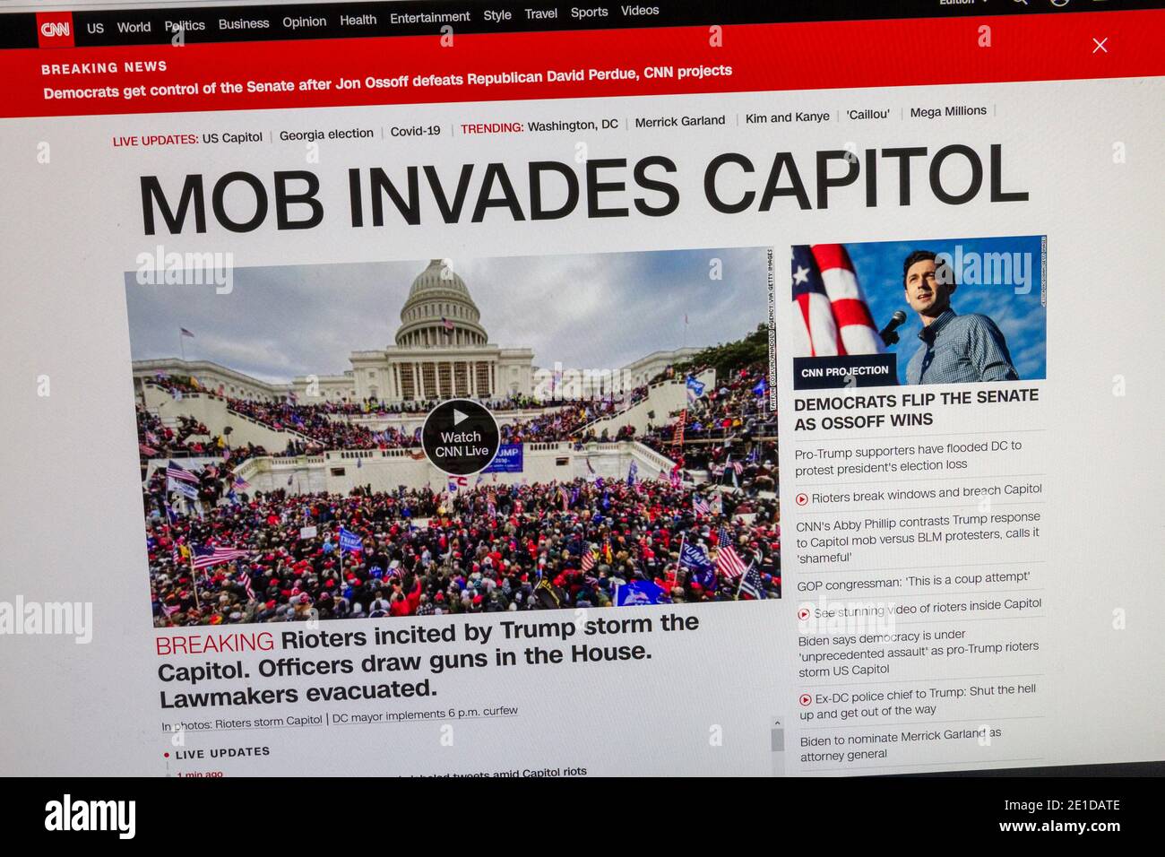 'Mob Invades Capitol': Screenshot of CNN website as Trump protestors invade the US Capitol, 6th January 2021. Stock Photo