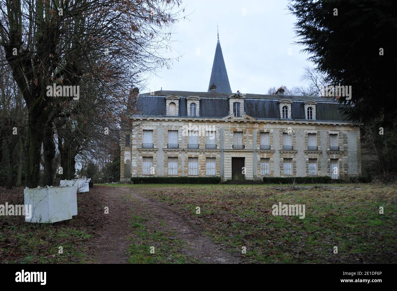 The African dictator Bokassa's castle in Hardricourt near Paris on January 13, 2011. The French castle that once belonged to African dictator Jean-Bedel Bokassa has sold for 915,000 euros.The dilapidated 'Chateau d'Hardricourt' was bought by an anonymous bidder at an auction in Versailles. Bokassa spent several years living in the mansion in the western Paris suburb of Hardricourt after he was overthrown as leader of the Central African Republic (CAR) in 1979. "Electricity, water, heating - all need to be overhauled," Pascal Koerfer, lawyer for the administrator of the Bokassa estate. The prop Stock Photo