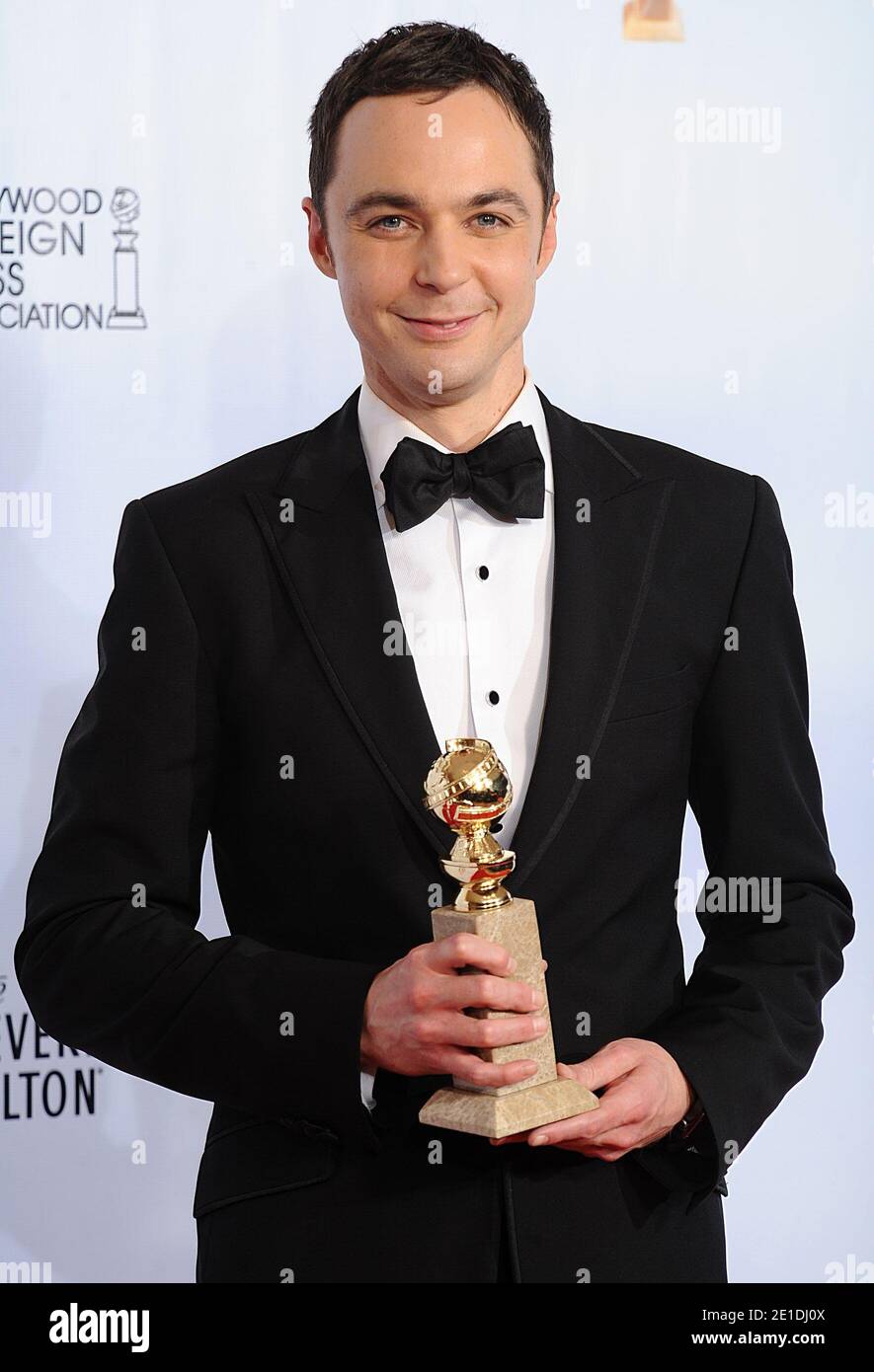Jim Parsons with his award for Best Actor in a Television Series (Musical  or Comedy) for 'The Big Bang Theory', poses in the press room of the 68th  Golden Globe Awards ceremony,