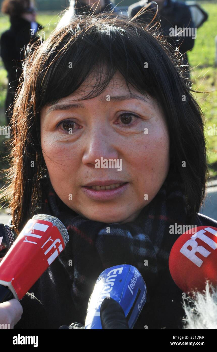 President Jacques Chirac's adoptive daughter Anh-Dao Traxel anwers to the media in Linselles, north of France, before a ceremony to pay tribute to Antoine de Leocour and Vincent Delory, on January 15, 2011. Antoine and Vincent were killed last week in Niger. Photo by Christophe Guibbaud/ABACAPRESS.COM Stock Photo