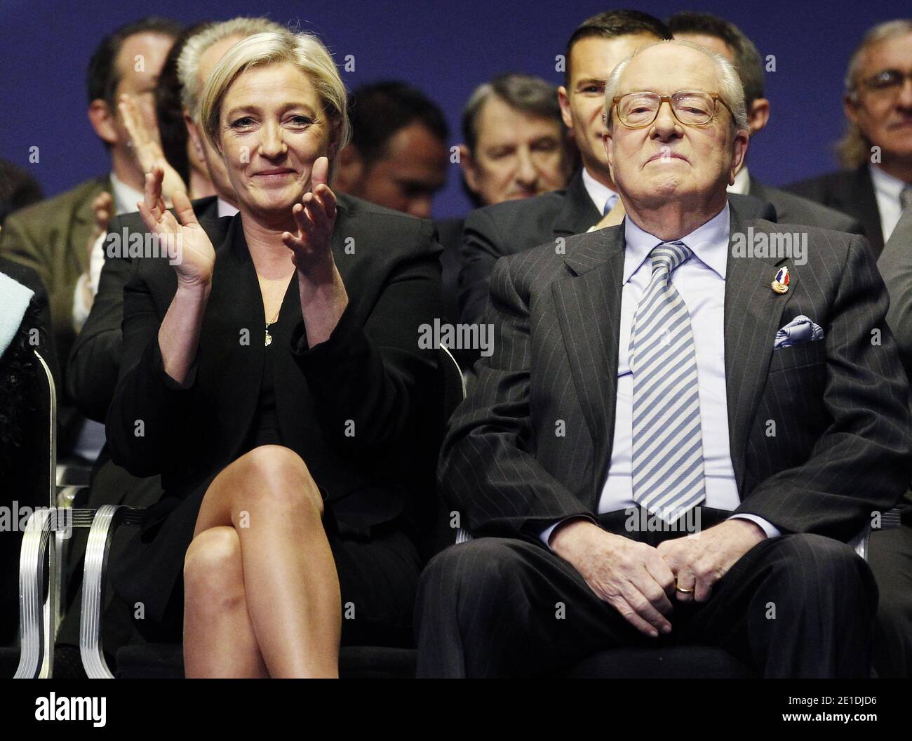 Jean-Marie Le Pen and Marine Le Pen, newly-elected France's far-right  National Front political party leader attending the 14th National Front  annual congress results ceremony in Tours, France on January 16, 2011. Photo