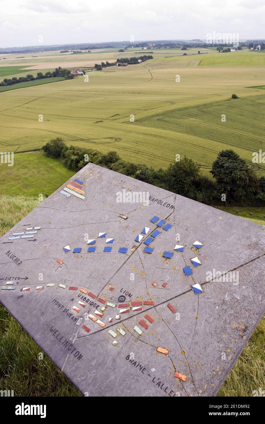A map at the top of the Lion’s Mound depicts the troop formations on the fields below during the 1815 battle of Waterloo, Belgium. Stock Photo