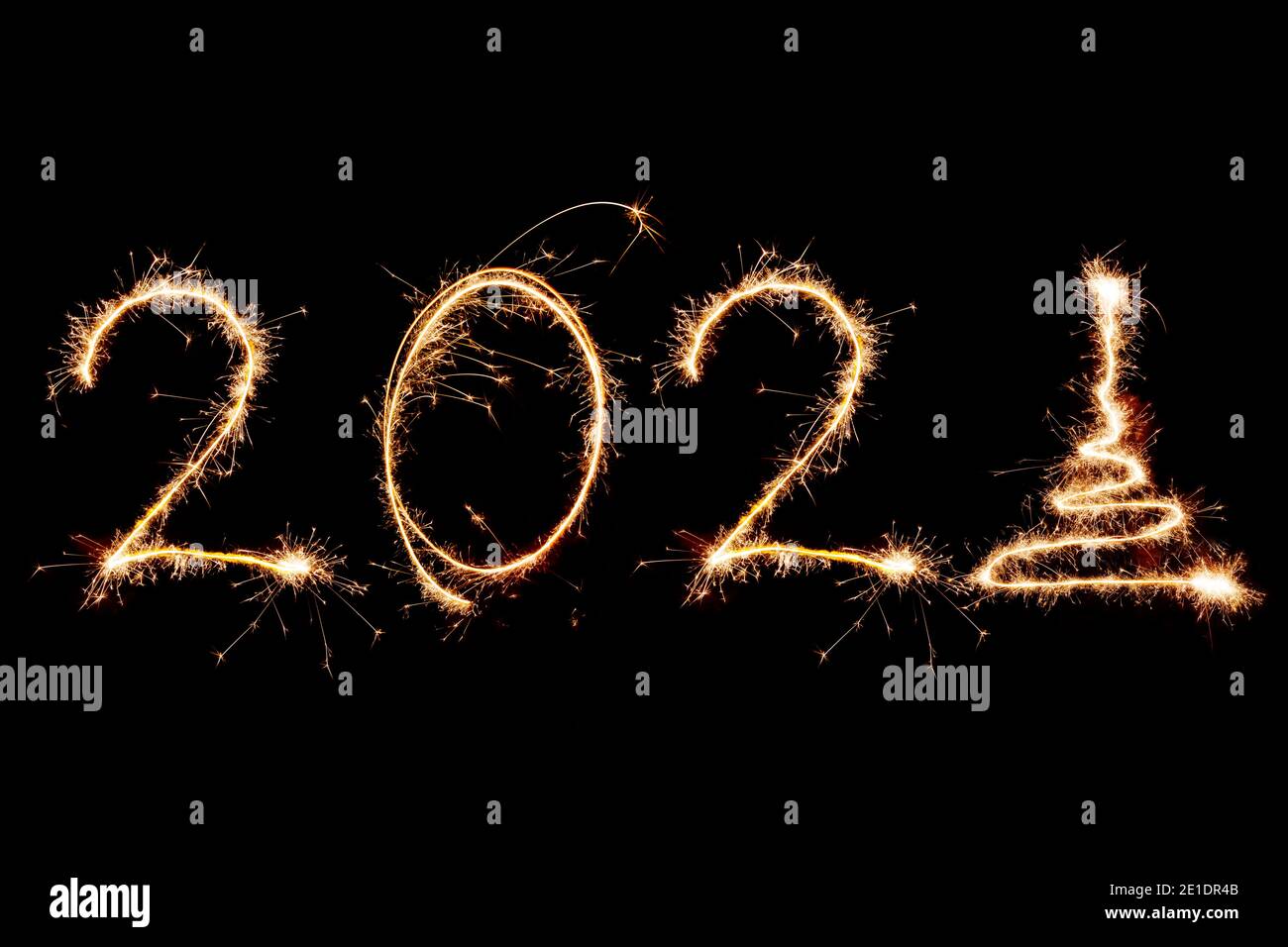 2021 written with Sparkle firework on black background, happy new year 2021 concept. Stock Photo