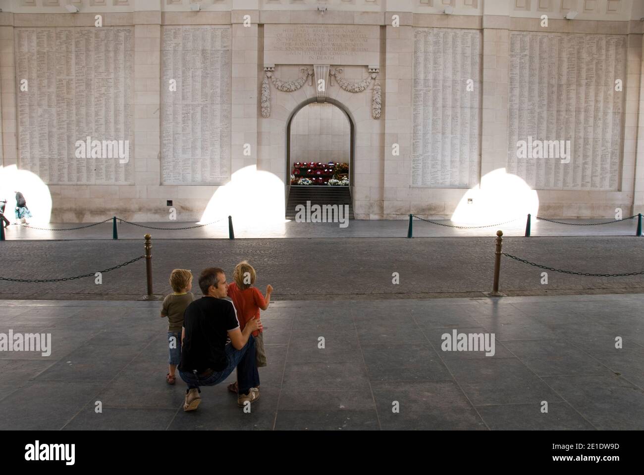 Names etched in walls of the Menin Gate Memorial to the Missing, a memorial to British World War 1 soldiers whose graves are unknown, Ypres, Belgium. Stock Photo