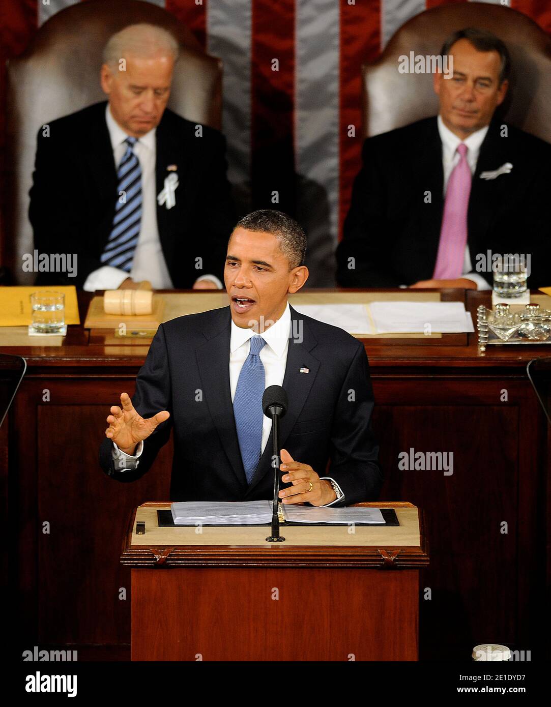 U.S. President Barack Obama, flanked by Vice President Joe Biden (L) and Speaker of the House John Boehner (R-OH), addresses a Joint Session of Congress while delivering his State of the Union speech in Washington, DC, USA, January 25, 2011. Photo by Olivier Douliery/ABACAPRESS.COM Stock Photo