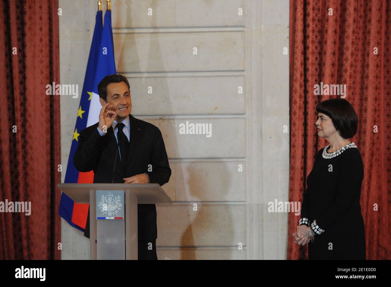 French President Nicolas Sarkozy delivers a speech as he awards of the Legion d'Honneur French singer Mireille Mathieu at Elysee Palace in Paris, France on January 26, 2011. Photo by Mousse/ABACAPRESS.COM Stock Photo