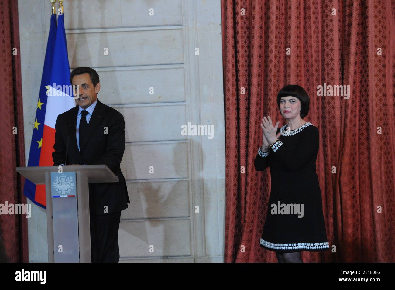 French President Nicolas Sarkozy delivers a speech as he awards of the Legion d'Honneur French singer Mireille Mathieu at Elysee Palace in Paris, France on January 26, 2011. Photo by Mousse/ABACAPRESS.COM Stock Photo