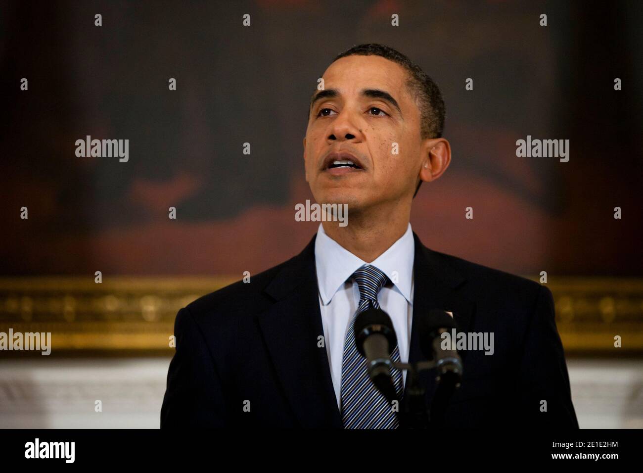 President Barack Obama delivers a statement on the situation in Egypt at the White House in Washington, DC, USA, on January 28, 2011. Photo by Brendan Hoffman/Bloomberg News/ABACAPRESS.COM Stock Photo