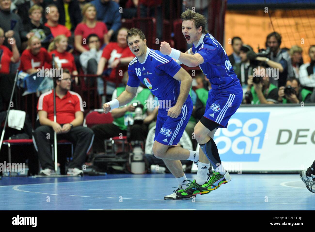 France's Xavier Barachet and William Accambray in action. France won the  Men's 2011 World Championship Handball final match, France vs Denmark at  Malmo Arena in Malmo, Sweden on January 30, 2011. France