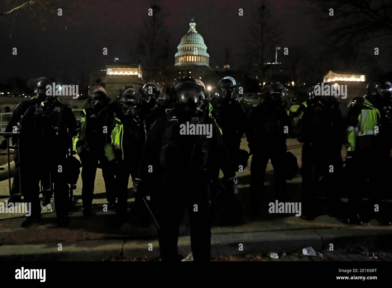 Police stand guard at the U.S. Capitol during a protest against the certification of the 2020 U.S. presidential election results by the U.S. Congress, in Washington, U.S., January 6, 2021. REUTERS/Jim Bourg Stock Photo