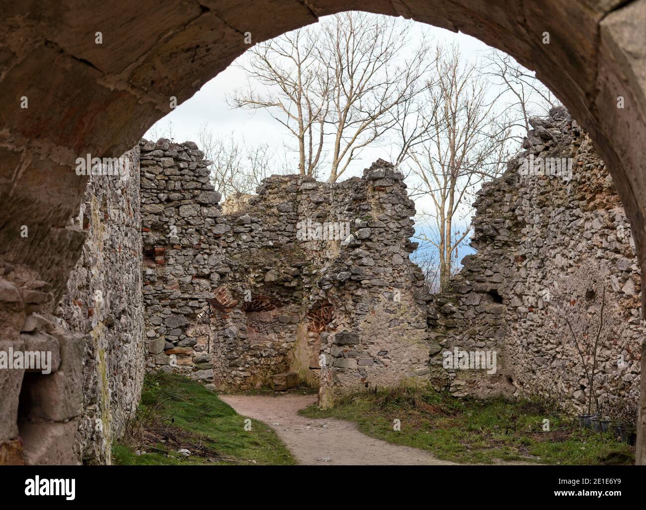 Inside castle ruin Tematin in Western Slovakia during winter yet without snow Stock Photo