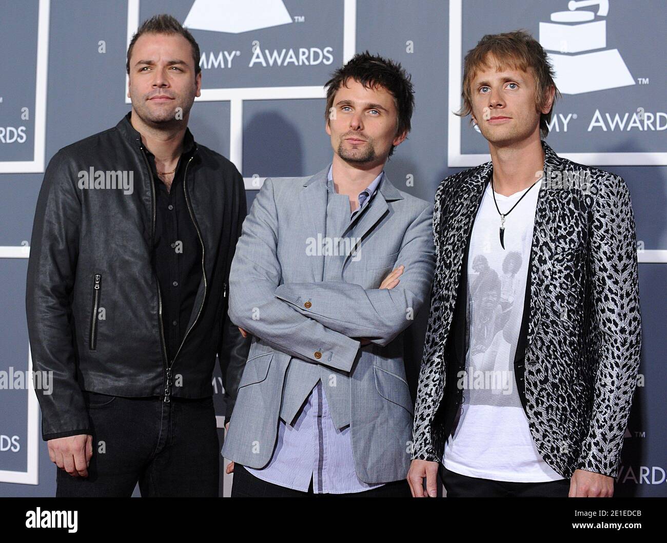 (left to right) Dominic Howard, Matthew Bellamy and Christopher Wolstenholme of Muse arriving at the 53rd Annual Grammy Awards held at the Staples Center in Los Angeles, California on February 13, 2011. Photo by Lionel Hahn/ABACAPRESS.COM Stock Photo