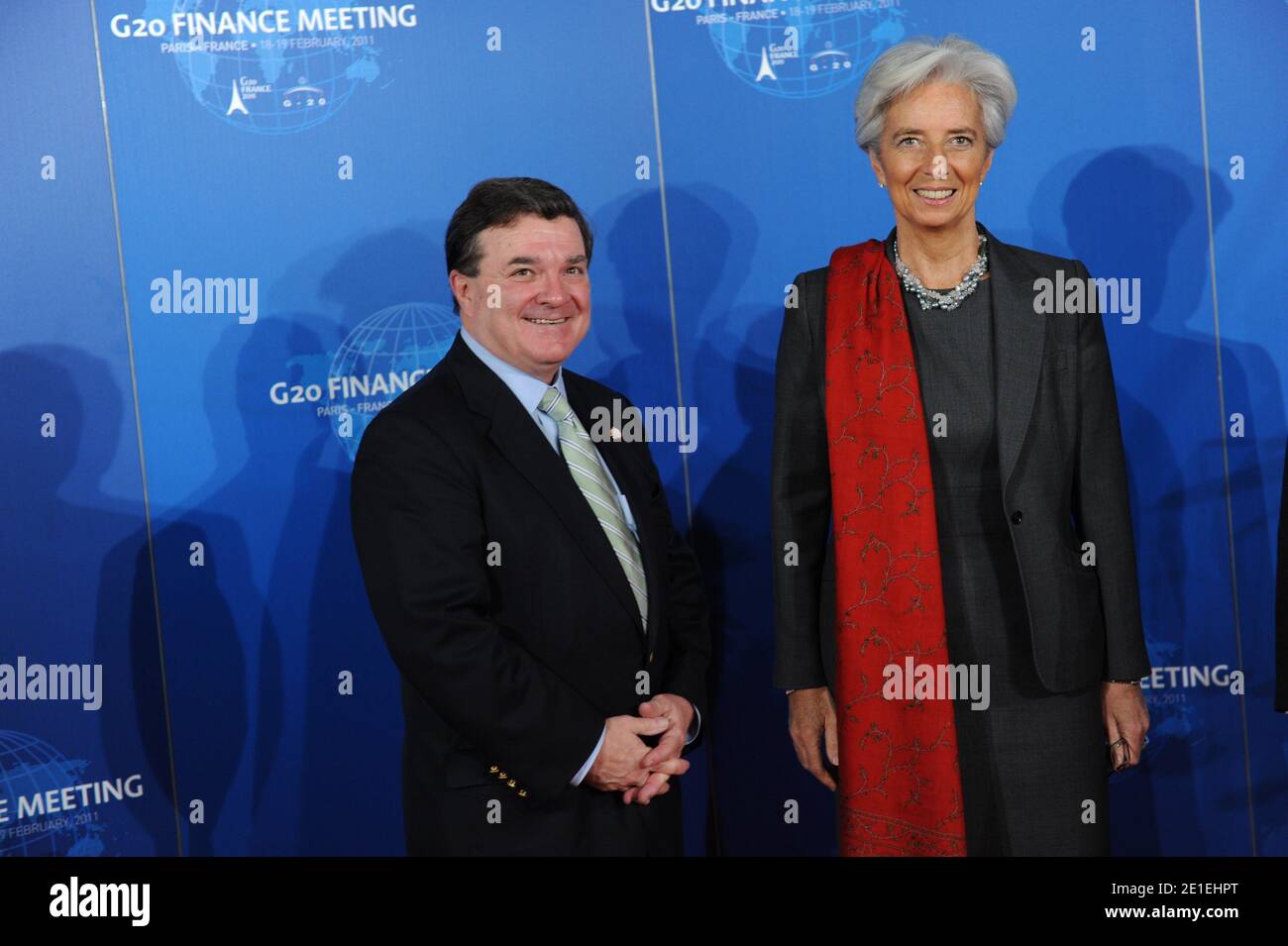Canadian Finance Minister Jim Flaherty French Minister for the Economy, Finance and Industry Christine Lagarde pose as he arrives at the opening session of the G20 Finance summit at the Bercy Finance Ministry in Paris, France on February 19, 2011. Finance chiefs from the world's 20 industrialized and fastest developing nations wrestle over how to steady the world economy at a two-days meeting in Paris. Photo by Mousse/ABACAPRESS.COM Stock Photo
