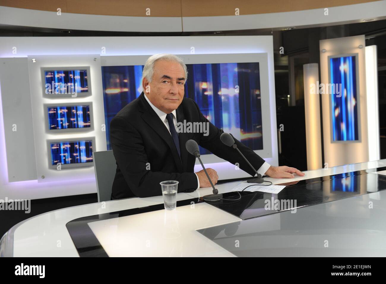 International Monetary Fund Managing Director, French Dominique Strauss-Kahn is pictured with French journalist Fabien Namias prior to an interview with TV anchor Laurent Delahousse during the French TV public channel France 2 evening news, in Paris, France on February 20, 2011. Photo by Mousse/ABACAPRESS.COM Stock Photo