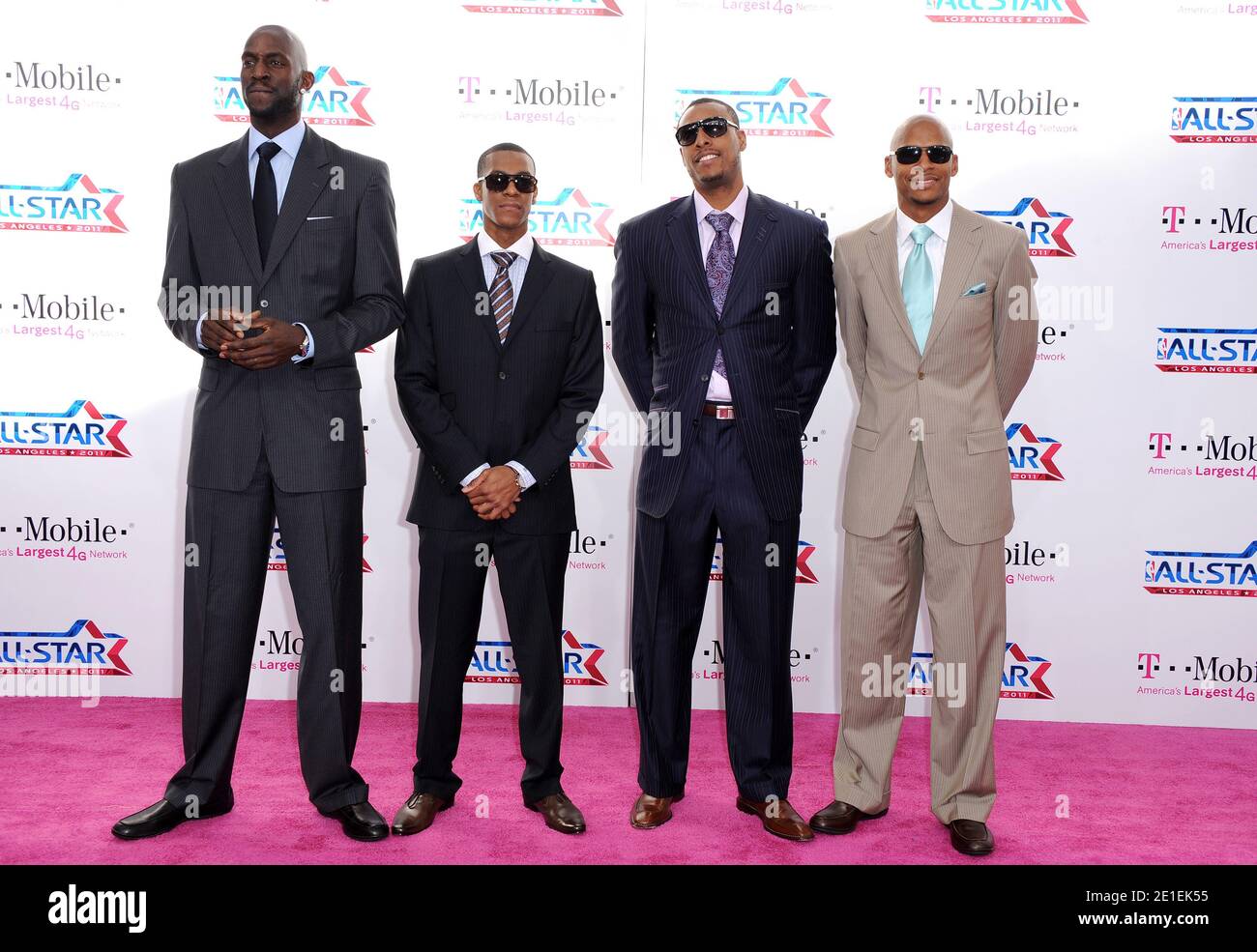 Kevin Garnett, Rajon Rondo, Paul Pierce and Ray Allen arriving at the 2011 NBA All-Star Game held at the Staples Center downtown Los Angeles, February 20, 2011. Photo by Lionel Hahn/AbacaUsa.com Stock Photo