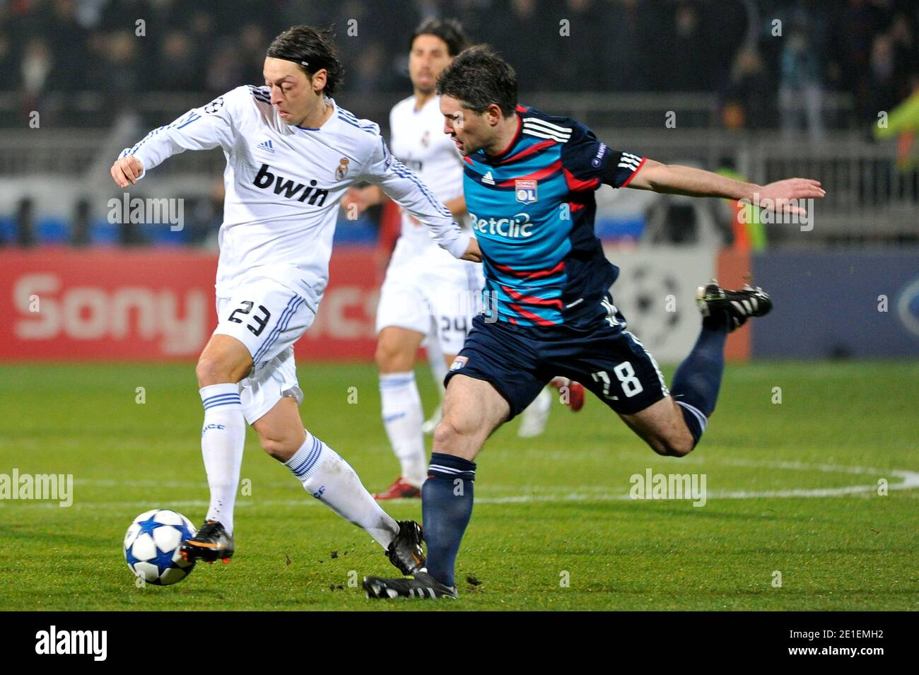 Jeremy Toulalan of Lyon and Mesut Ozil of Real Madrid during the Champions League match between Olympique Lyonnais and Real Madrid CF at Stade Gerland on February 22, 2011 in Lyon, France. Photo by Stephane Reix/ABACAPRESS.COM Stock Photo