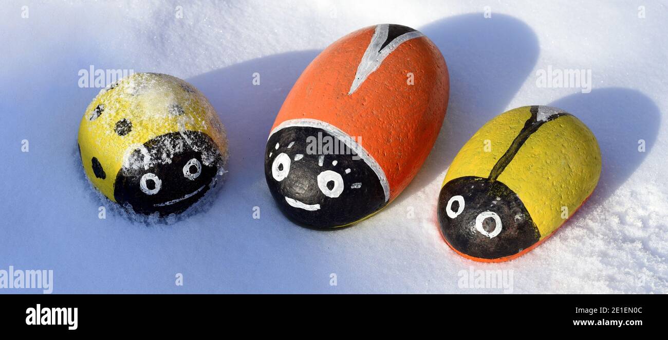 Idea for garden or yard decoration. Oval sea stones painted like a beetle. Stock Photo