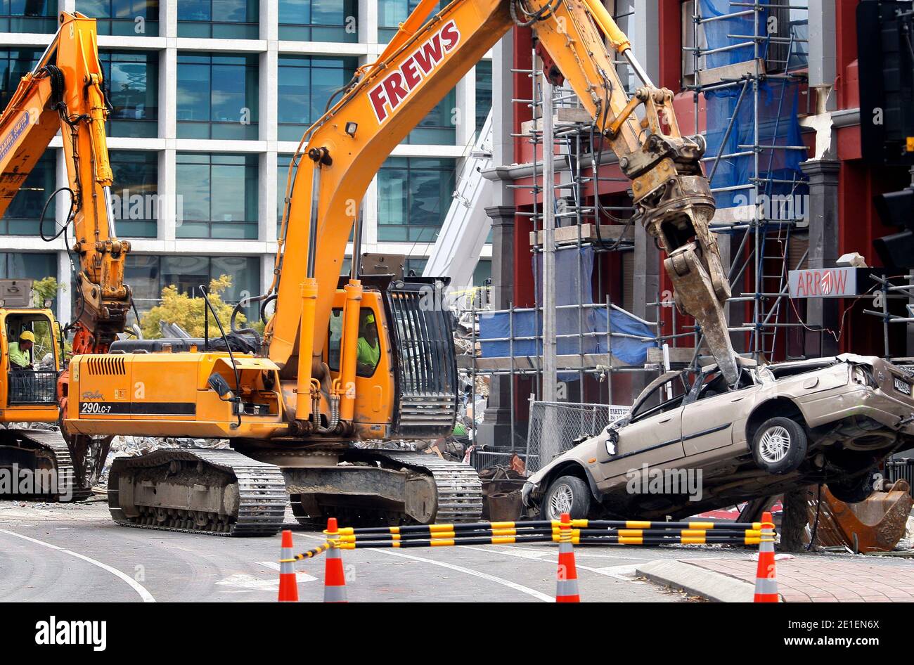 Diggers work to remove some of the rubble from the site of the CTV building in central Christchurch today. Christchurch was hit by a magnitude 6.3 earthquake on Tuesday in Christchurch on February 24, 2011. Photo by Sarah Ivey/HNZ/ABACAUSA.COM Stock Photo