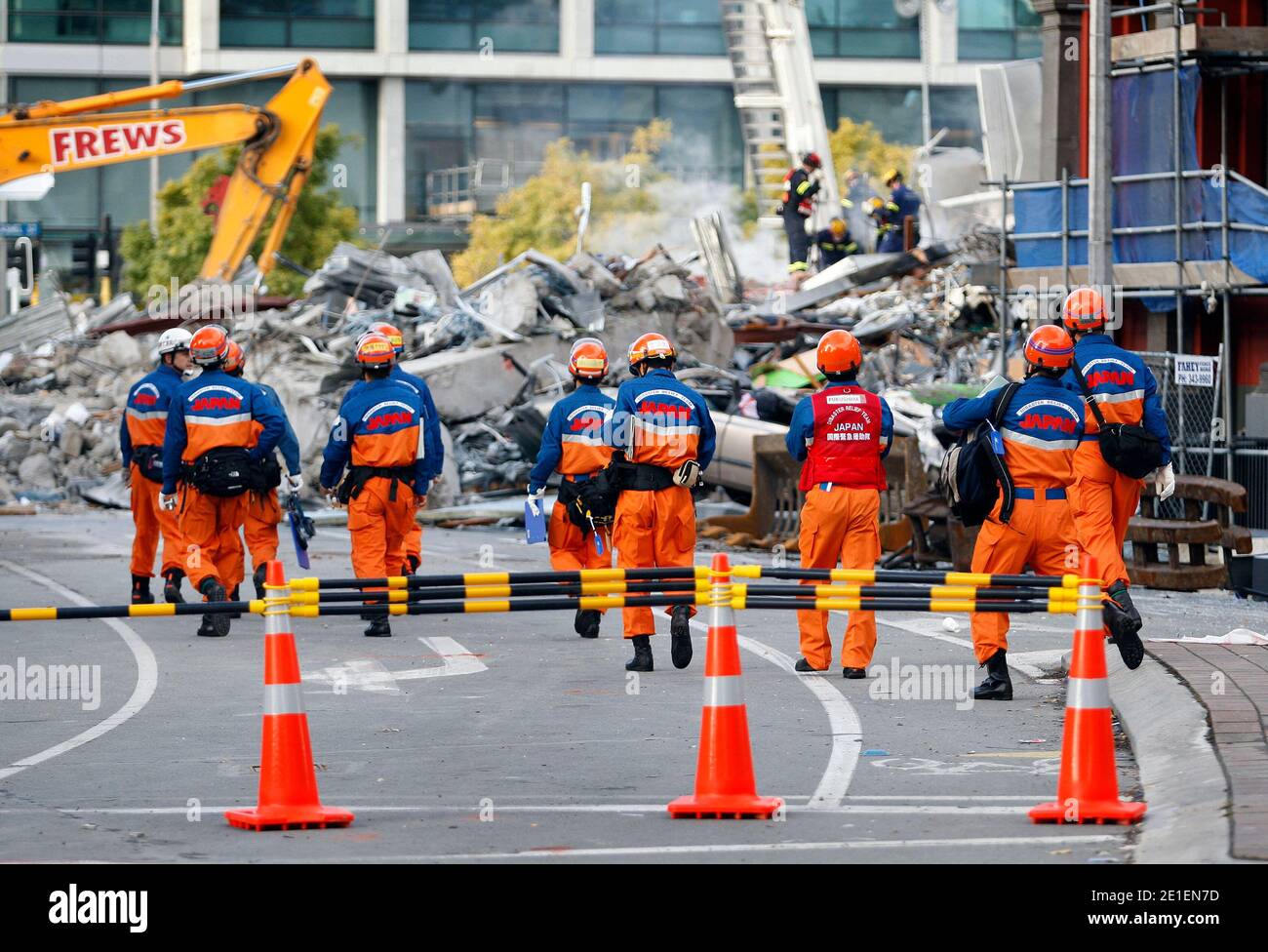 Members of the Disaster Relief Team from Japan move in to the site of the CTV building in central Christchurch today. Christchurch was hit by a magnitude 6.3 earthquake in Christchurch on February 24, 2011. Photo by Sarah Ivey/HNZ/ABACAUSA.COM Stock Photo