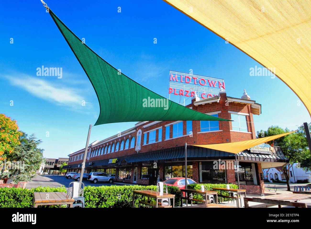 Looking out at Oklahoma City's Midtown Plaza Court from under sun shade awnings. Stock Photo