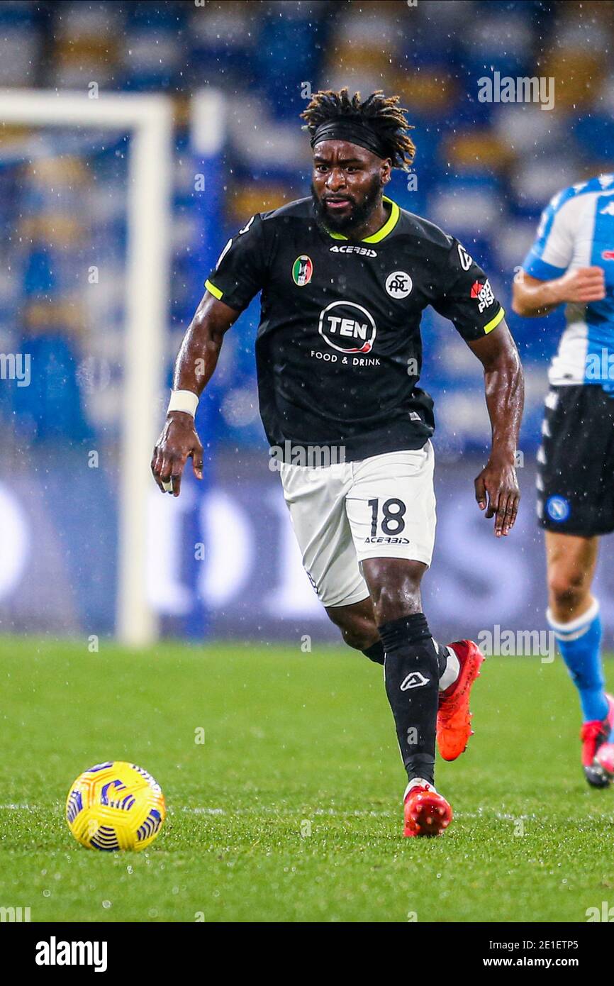Spezia s French striker M Bala Nzola controls the ball during the